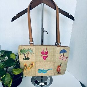 Vintage Woven Shoulder Bag with Beach Embroidery